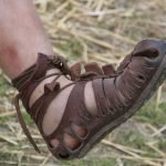 Modern reconstruction of a caliga. Image: Matthias Kabel A right foot wearing a replica of an openwork military boot
