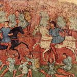 Fresco from the synagogue at Dura-Europos depicting two (mail-clad?) cavalryman fighting whilst (scale-clad?) infantrymen are engaged in hand-to-hand combat. Image: Wikimedia Commons In the centre, two cavalrymen charge at each other with two-handed lances whilst armoured infantrymen with shields fight all around them.