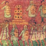 Battle of Ebenezer fresco from the Dura-Europos synagogue. Image: Wikimedia Commons Soldiers wearing scale armour (three with coifs) and holding swords in their right hands and hexagonal shields in their left.