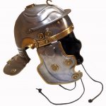 Ferrous Weisenau (Imperial-Gallic)-type helmet. Image: Claudia Thunnissen A ferrous helmet with broad neck guard, cheek pieces, brow guard, and brass fittings.
