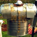 Reconstructed Newstead-type lorica segmentata. Image: Nanomat Armour formed from steel strips with brass fittings.