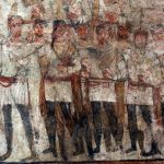 Detail of the fresco of the tribune Terentius from Dura-Europos depicting a group of soldiers. Image: Yale University Art Gallery A group of unarmoured soldiers in white tunics, with the tribune Terentius to the left.