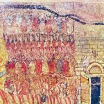 Exodus from Egypt fresco from the synagogue at Dura-Europos depicting soldiers with multi-coloured shields. Image: Wikimedia Commons Soldiers with oval, coloured shields (red, white, and blue).