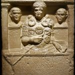 Cenotaph of Marcus Caelius, centurion of legio XVIII (here rendered as XIIX), killed during the Varian disaster in the Teutoburger Wald. He wears phalerae and torgues over what is probably mail armour, with pteryges att he arms and below the waits. He holds his vine staff, the vitis, in his right hand. Image: Agnete (PD). Relief of a centurion, shown from just below the waist upwards, with two busts to either side of him.