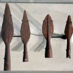 Four ferrous spearheads from the Bloomberg site in London. Image: MCB Four corroded ferrous spearheads, arranged from the largest on the left to the smallest on the right.