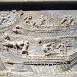 Three joining relief panels from the Medinacelli reliefs depicting the battle of Actium showing nine biremes (including one sinking) manned by marines. Image: Mark Landon (PD) Three relief panels depicting a naval battle, identified as Actium.