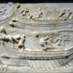 Detail of one of three joining relief panels from the Medinacelli reliefs depicting the battle of Actium showing eight biremes. Image: Mark Landon (PD) Detail of a relief panel depicting a naval battle, identified as Actium.