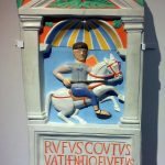 Polychrome reconstruction of the cavalry tombstone of Rufus. Image: Michael Schmalenstroer (CC BY-SA 3.0) Tombstone stele, rectangular with an angled top, a figure in a niche, above an inscription. It is decorated in bright colours.